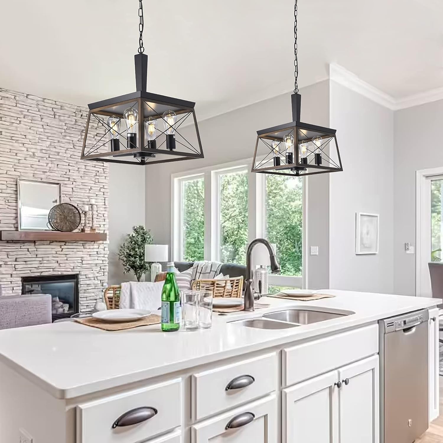 Kitchen Island Farmhouse Chandelier Rustic Vintage Linear Pendant for Dining Room Light 15" Square Black Metal Cage Chandelier Entryway Light UL Listed