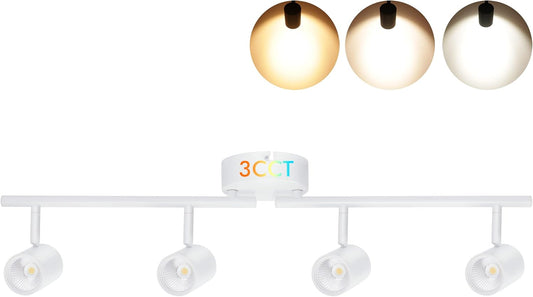 3 Color LED Dimmable 4-Head Track Lighting Kit,3000K/4000K/5000K Selectable 30W 2400Lm Cri90,Adjustable Light Head Fixture for Accent Decorative Lighting,White