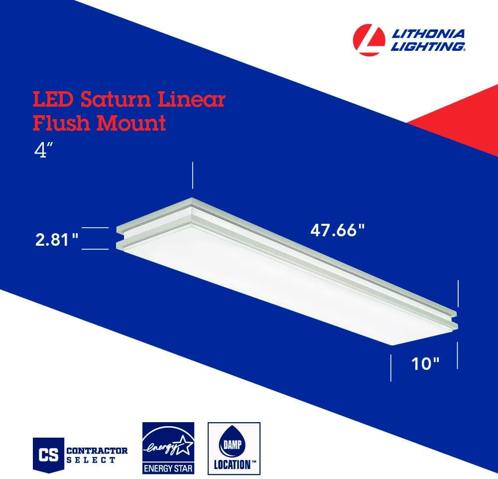 Saturn 4 Foot LED Kitchen Light Fixture, Linear Flush Mount Ceiling Light, 4000K Cool White, 3206 Lumens, 120 Volts, 39 Watts, Damp Listed, Brushed Nickel (FMFL 30840 SATL BN)