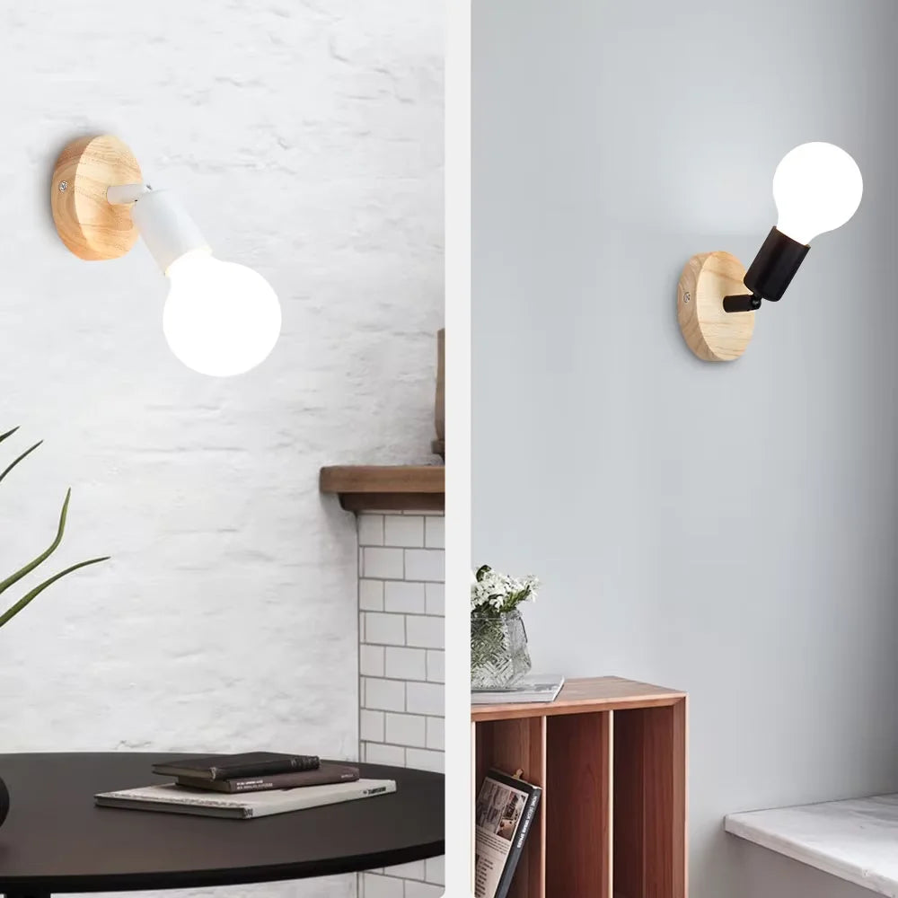 Nordic Vintage Wood Wall Lamp E27 Lamp Base Loft Iron Art Lights for Bar Cafe Restaurant Home Lighting 220V Black White