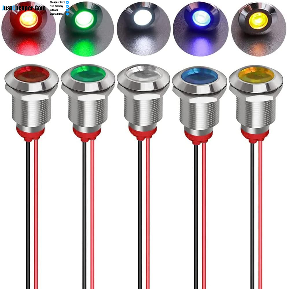5Pcs 12Mm AC/DC 12-24V LED Metal Indicator Light Waterproof Signal Lamp with Wire