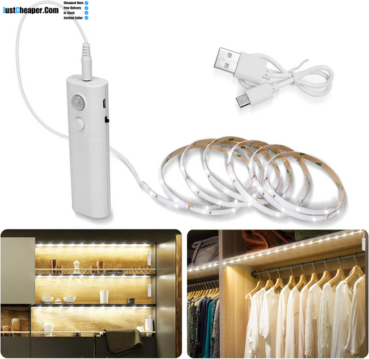 2M Motion Sensor LED Strip Lights with Rechargeable, 6000K Cold White under Cabinet LED Strip Lights for Kitchen Wardrobes, Closet, Cupboard