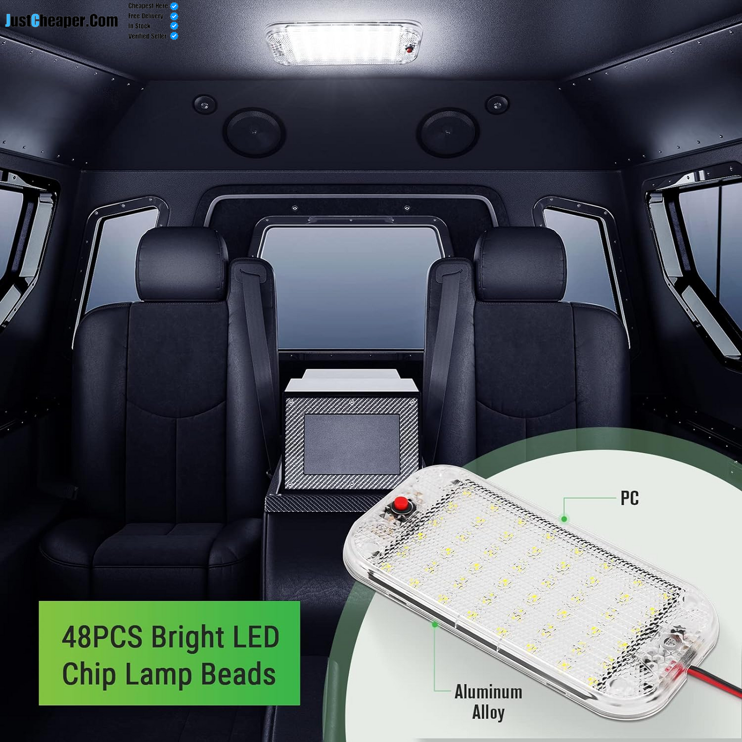 Car Interior Light Bar 10W 48 LED Universal Bright with Switch for 12V to 85V Van Truck Lorry Camper Boat Caravan Motorhome 2PCS
